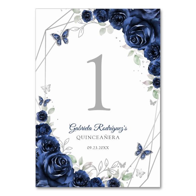 Navy Silver Floral Quinceanera Table Number (Front)