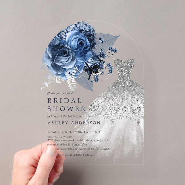 Navy & Silver Floral Wedding Dress Bridal Shower Acrylic Invitations (Insitu (Handheld))