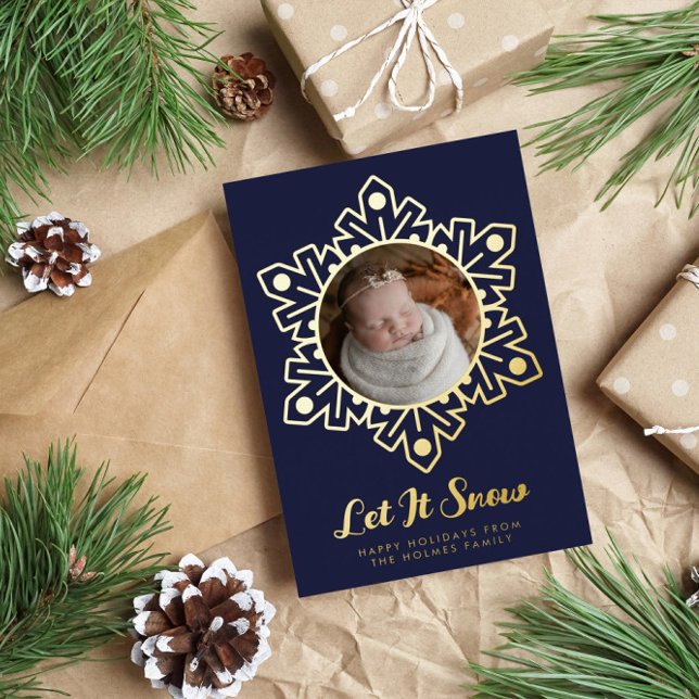 Navy Silver Foil Snowflake Frame Let It Snow Photo Foil Holiday Card (Creator Uploaded)