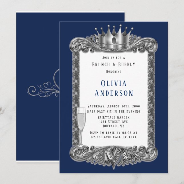 Navy Silver Frame Royal Crown Brunch and Bubbly Invitation (Front/Back)