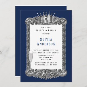 Navy Silver Frame Royal Crown Brunch and Bubbly Invitation