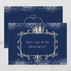 Navy Silver Frame Royal Will You Be My Bridesmaid  Invitation