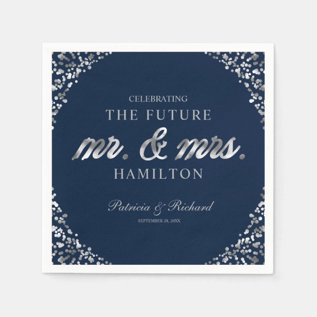 Navy Silver Future Mr And Mrs Engagement Party Napkin (Front)