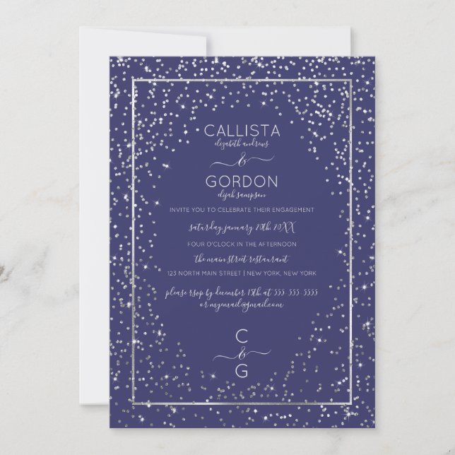 Navy Silver Glitter Confetti Border Engagement Invitation (Front)