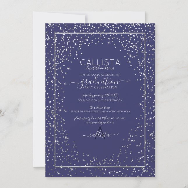 Navy Silver Glitter Confetti Border Graduation Invitation (Front)