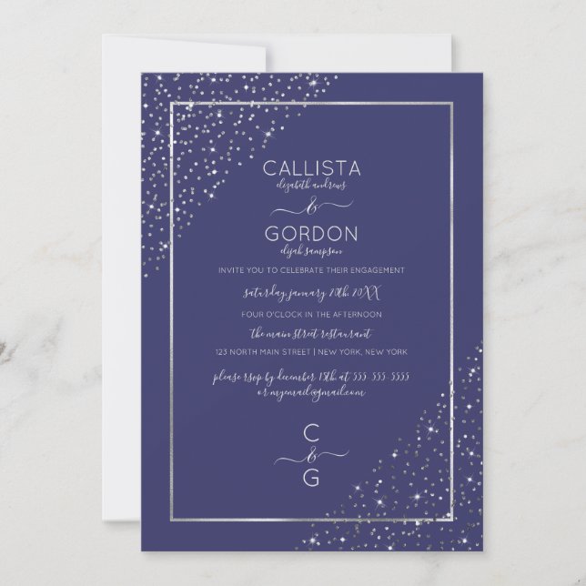 Navy Silver Glitter Confetti Corners Engagement Invitation (Front)