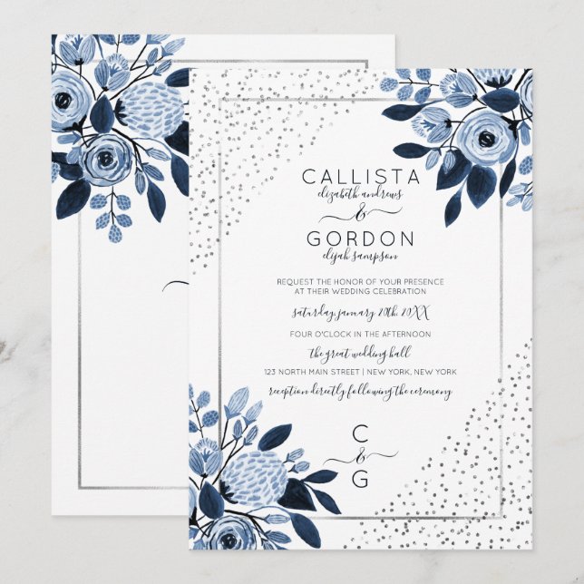 Navy Silver Glitter Confetti Floral Border Wedding Invitation (Front/Back)