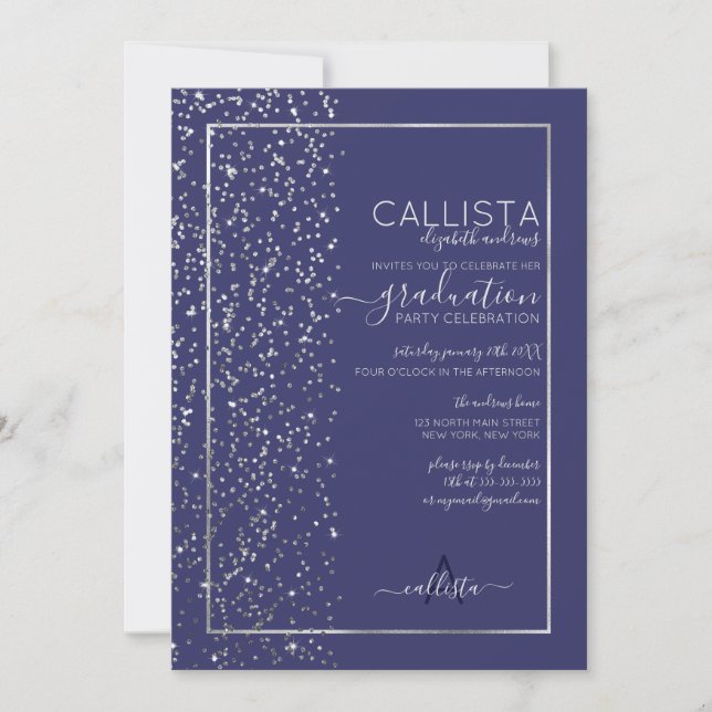 Navy Silver Glitter Confetti Side Graduation Invitation (Front)