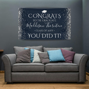 Navy & Silver Glitter Congrats Graduate Graduation Banner