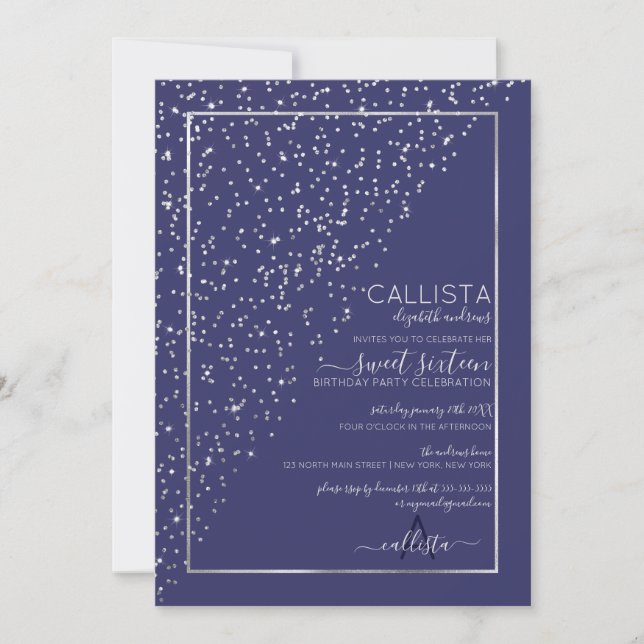 Navy Silver Glitter Diagonal Confetti Sweet 16 Invitation (Front)