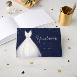 Navy Silver Glitter Elegant Dress Bridal Shower Guest Book
