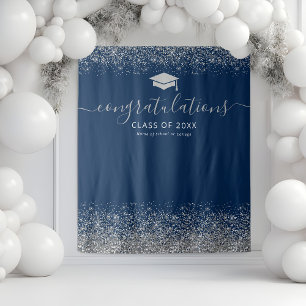 Navy Silver Glitter Graduation Photo Booth Tapestry