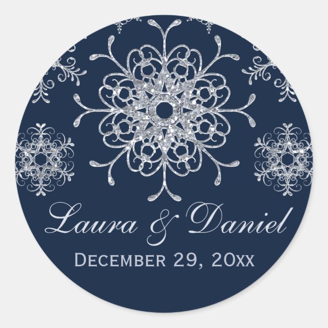 Navy Silver Glitter LOOK Snowflake Wedding Sticker (Front)