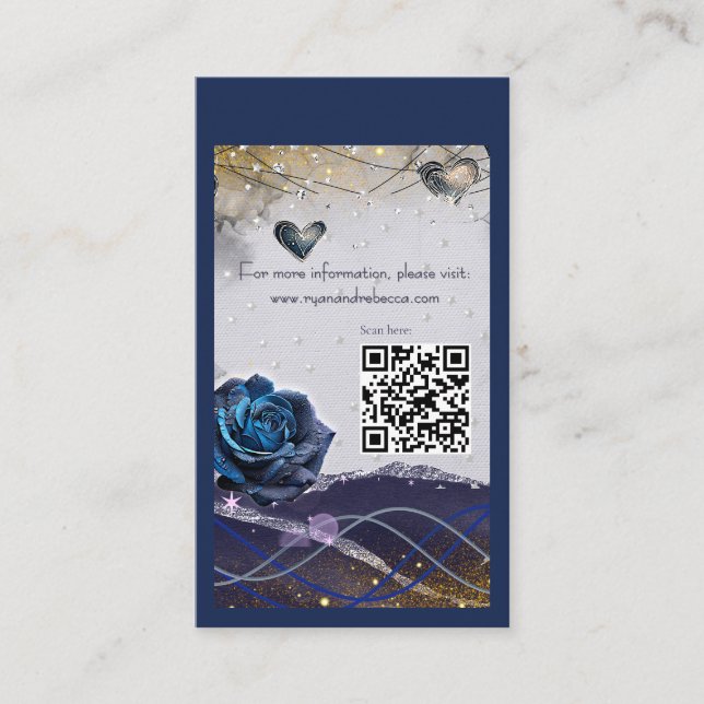 Navy Silver Gold Wedding Details Card with QR Code (Front)