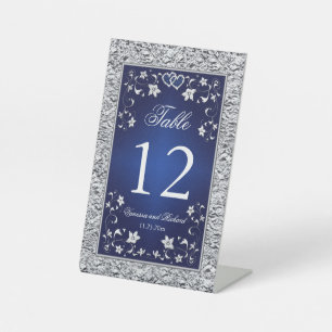 Navy, Silver Grey Floral Table Number Pedestal Sig Sign