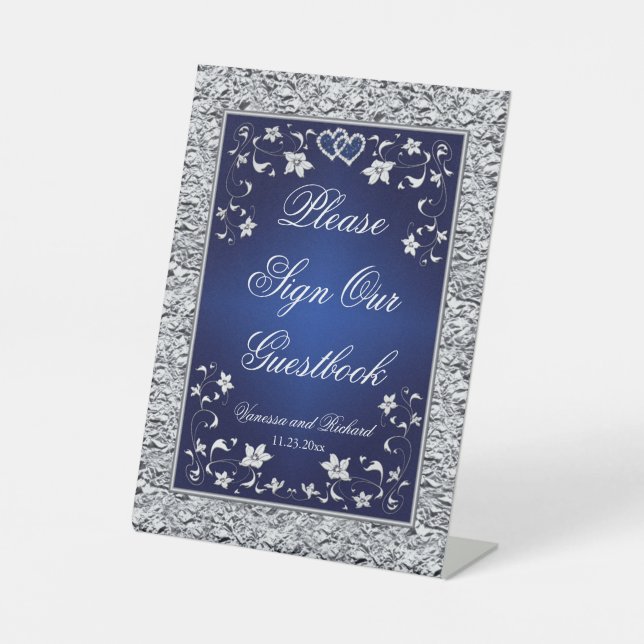 Navy, Silver Grey Floral Wedding Table Sign (Front)