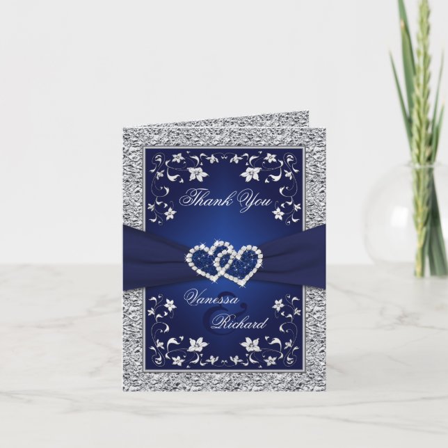 Navy Silver Hearts FAUX Foil PHOTO Thank You Card (Front)