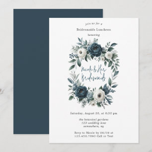 Navy & Silver Ivory Floral Bridesmaids Luncheon Invitation