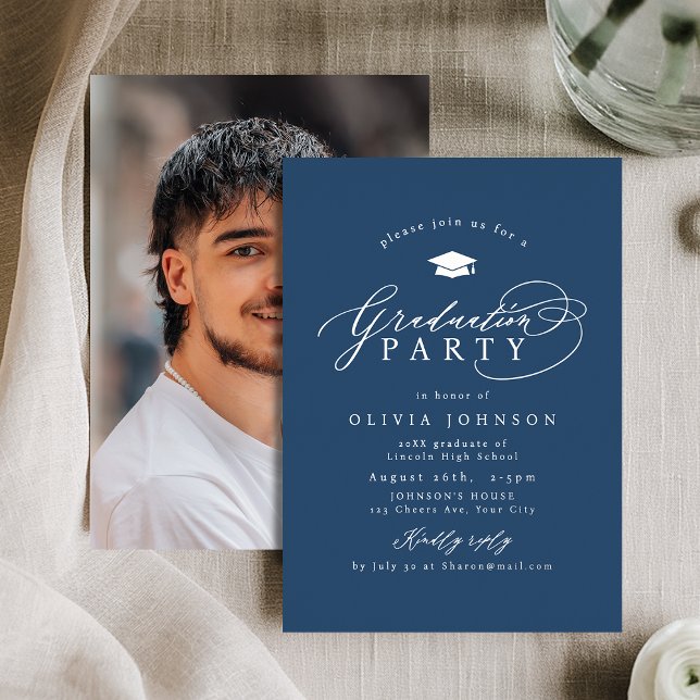 Navy Silver Modern Calligraphy Photo Graduation (Navy Silver Modern Calligraphy Photo Graduation Foil Invitation)