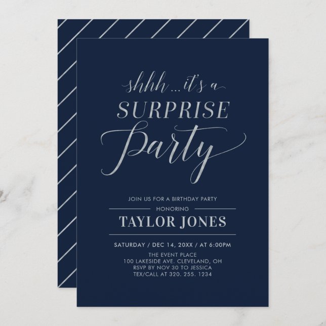 Navy & Silver | Modern Surprise Birthday Party Invitation (Front/Back)