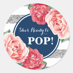 Navy Silver Pink Floral Baby Shower Ready to Pop Classic Round Sticker