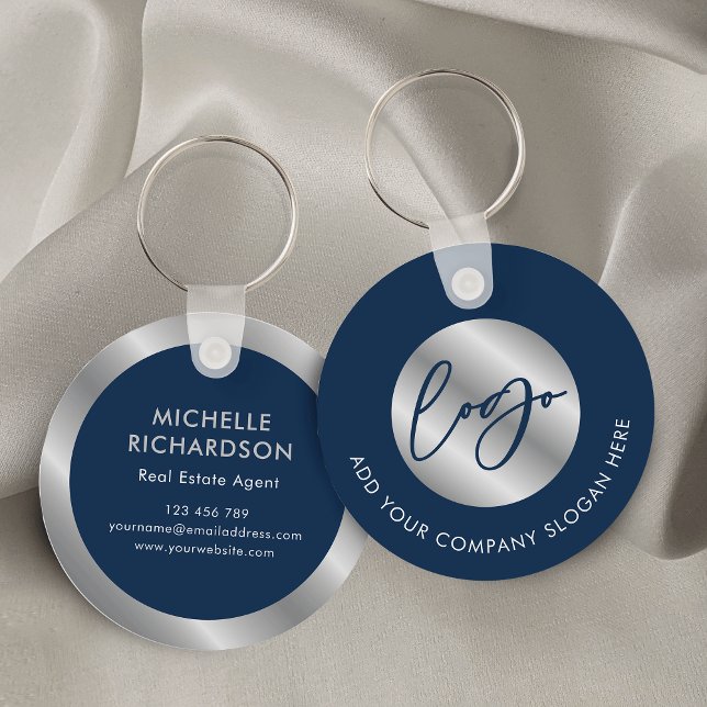 Navy & Silver Property Agent Notary Business Logo Keychain (Navy blue and silver business logo keyring with space for your contact details and name)