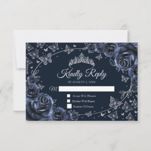 Navy Silver Quinceanera Reply RSVP Card