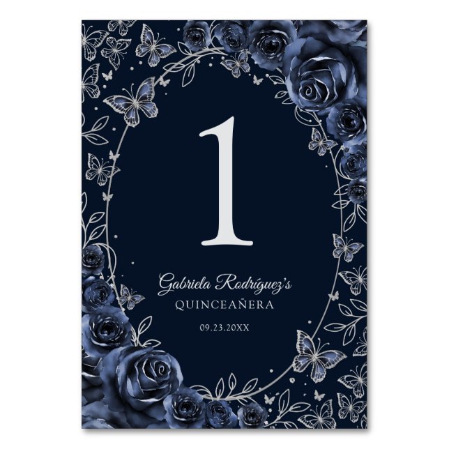 Navy Silver Quinceanera Table Number (Front)