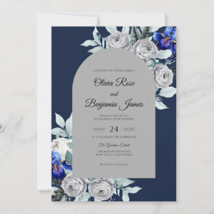 Navy Silver Ranunculus Dusty Eucalyptus Wedding Invitation