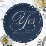 Navy Silver She Said Yes Engagement Party Paper Plate<br><div class="desc">Elegant calligraphy engagement party paper plate. Easy to personalize with your details. Please get in touch with me via chat if you have questions about the artwork or need customization. PLEASE NOTE: For assistance on orders,  shipping,  product information,  etc.,  contact Zazzle Customer Care directly https://help.zazzle.com/hc/en-us/articles/221463567-How-Do-I-Contact-Zazzle-Customer-Support-.</div>