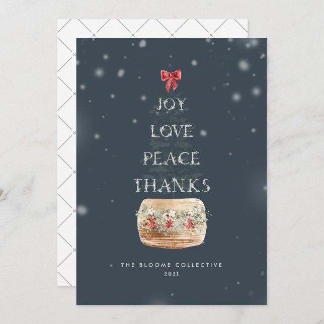 Navy Silver Snow Overlay Christmas Tree Typography Holiday Card (Front/Back)