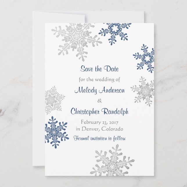 Navy Silver Snowflake Winter Wedding Save the Date (Front)