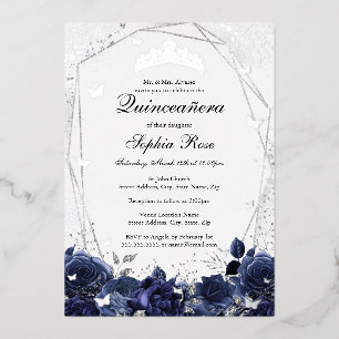 Navy Silver Sparkle Flower Tiara Quinceanera