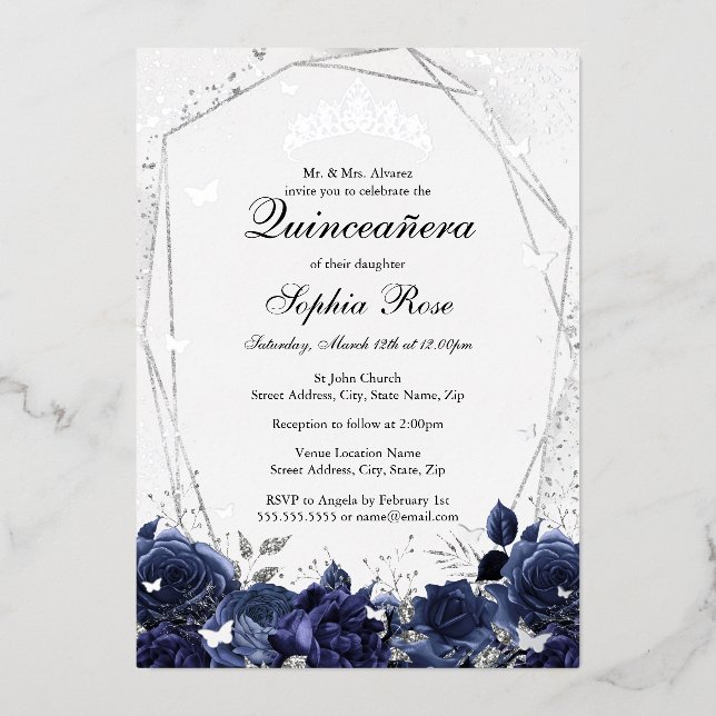 Navy Silver Sparkle Flower Tiara Quinceanera  (Front)