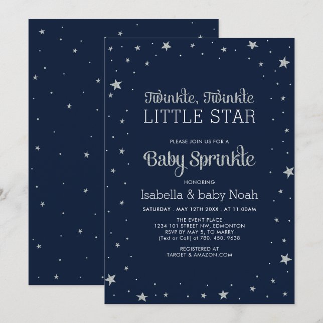 Navy & Silver | Twinkle Little Star Baby Shower Invitation (Front/Back)