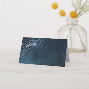 Navy silver vintage calligraphy glam wedding place card
