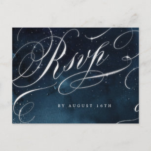 Navy silver vintage calligraphy glam wedding RSVP Invitation Postcard
