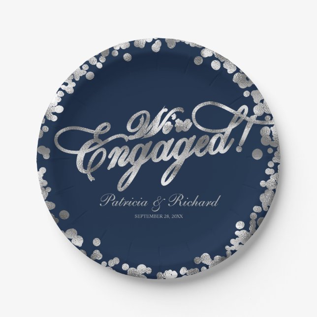 Navy Silver We're Engaged Engagement Party Paper Plate (Front)