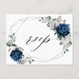 Navy Silver White Champagne Ivory Geometric RSVP Postcard