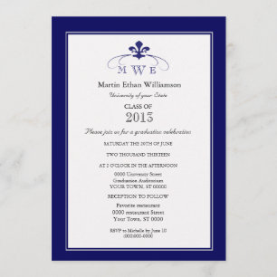 Navy Silver & White Fleur de Lis Formal Graduation Invitation