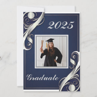 Navy Silver White Graduation 2025 Invitation