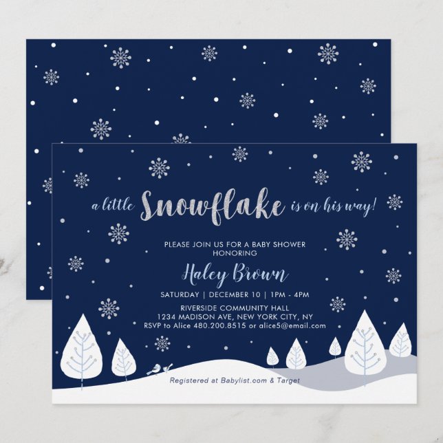Navy & Silver Winter Wonderland Boy Baby Shower Invitation (Front/Back)