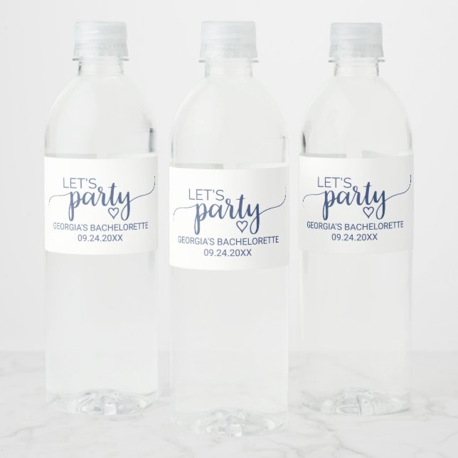 Navy Simple Calligraphy Let's Party Bachelorette Water Bottle Label (Bottles)
