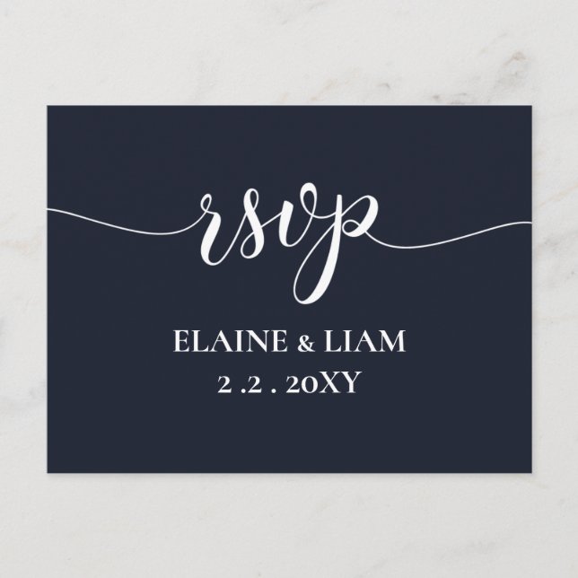Navy Simple Calligraphy Modern RSVP Invitation Postcard (Front)