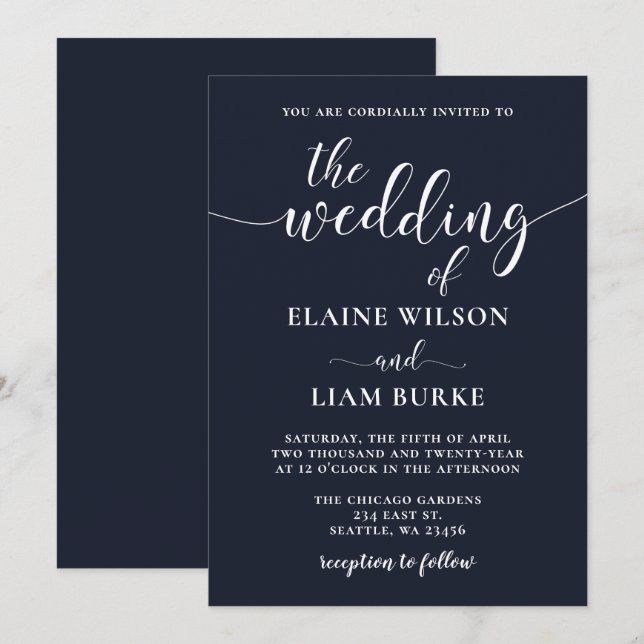 Navy Simple Calligraphy Modern Wedding Invitation (Front/Back)