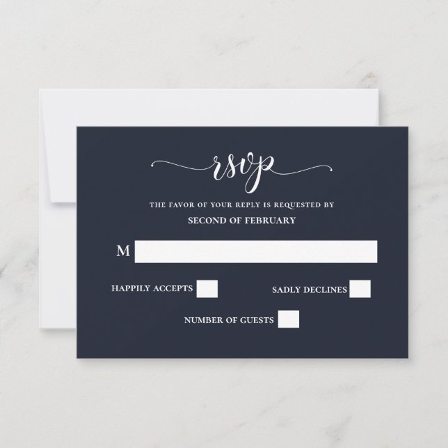Navy Simple Calligraphy Modern Wedding RSVP Card (Front)