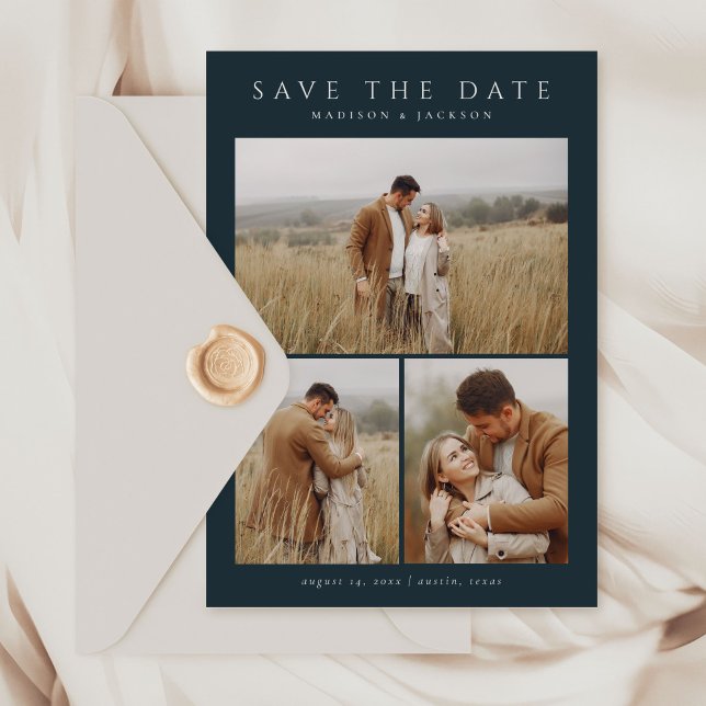 Navy Simple Elegant Modern Four Photo Save The Date (Creator Uploaded)