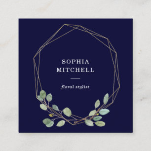 Navy Simple Eucalyptus Greenery Gold Geometric Square Business Card