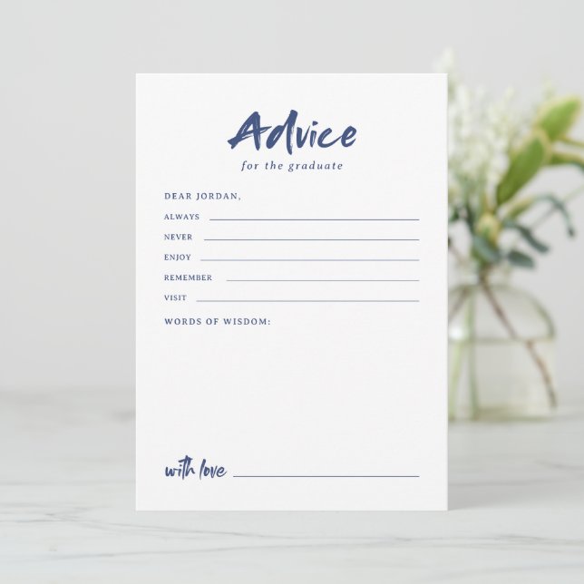 Navy Simple Modern Brush Script Graduation Advice Card (Standing Front)