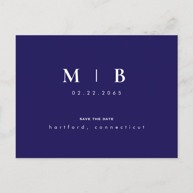 Navy Simple Monogram Wedding Save the Date QR Code Announcement Postcard (Front)